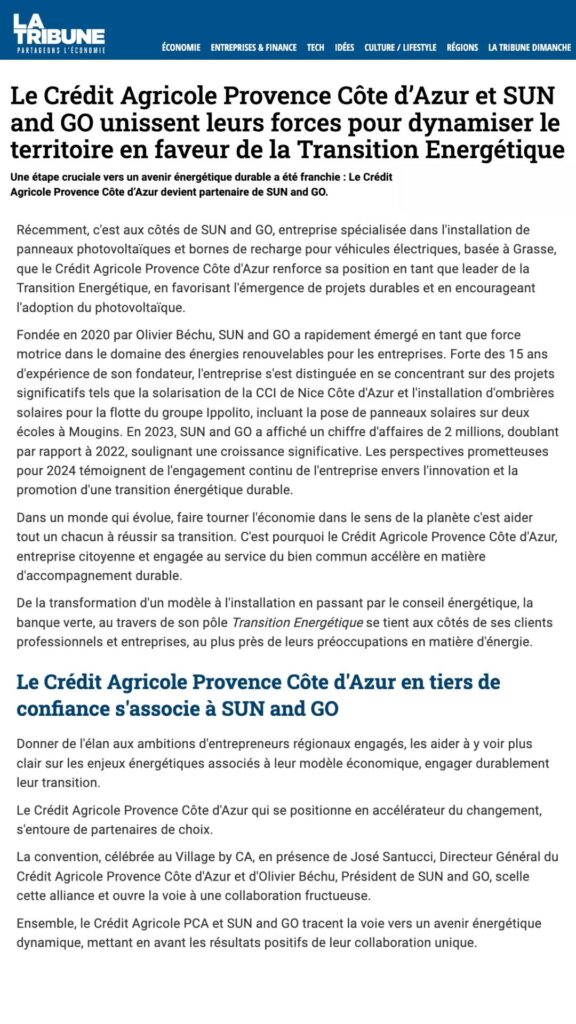 Le Crédit Agricole Provence Côte d’Azur et SUN and GO unissent leurs forces pour dynamiser le territoire en faveur de la Transition Energétique - Google Chrome 05_03_2024 14_14_52